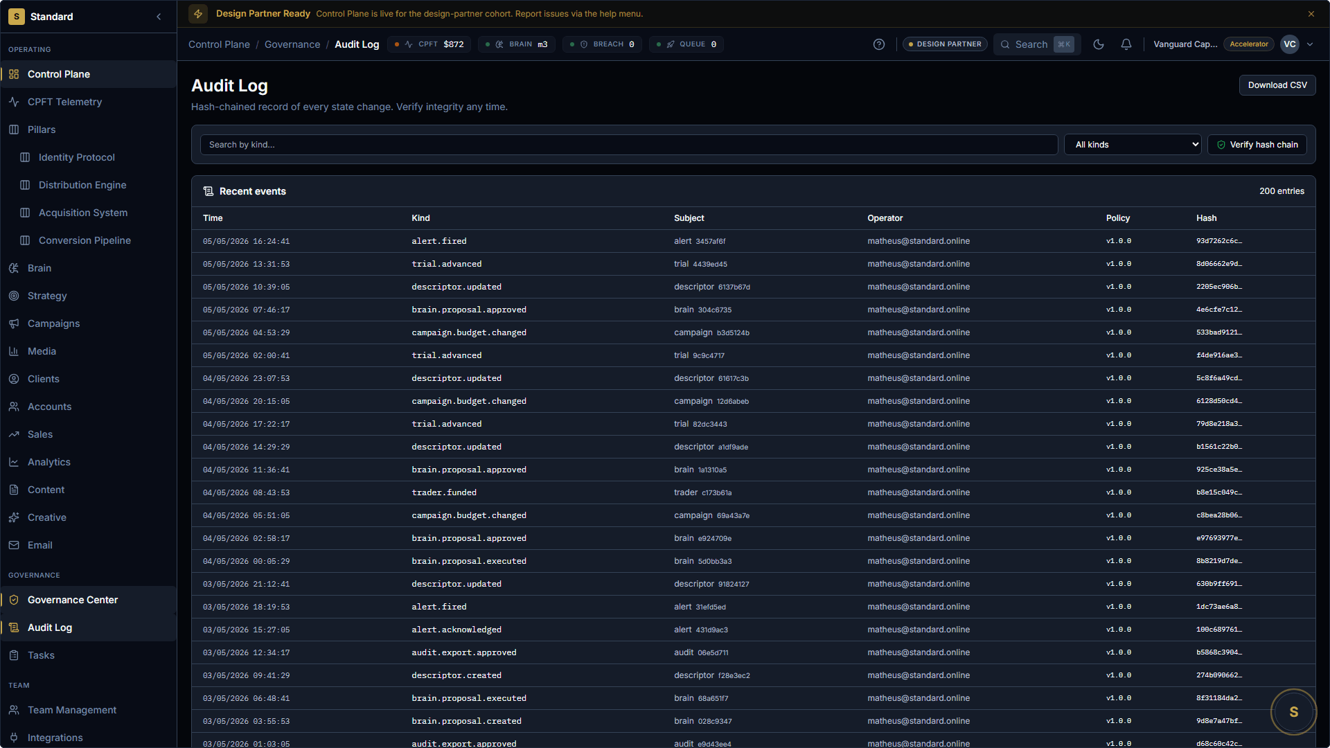 Audit Log: 200 hash-chained entries, Verify hash chain action. Table columns Time, Kind, Subject, Operator, Policy, Hash. Kinds include alert.fired, trial.advanced, descriptor.updated, brain.proposal.approved, audit.export.approved, all stamped policy v1.0.0.