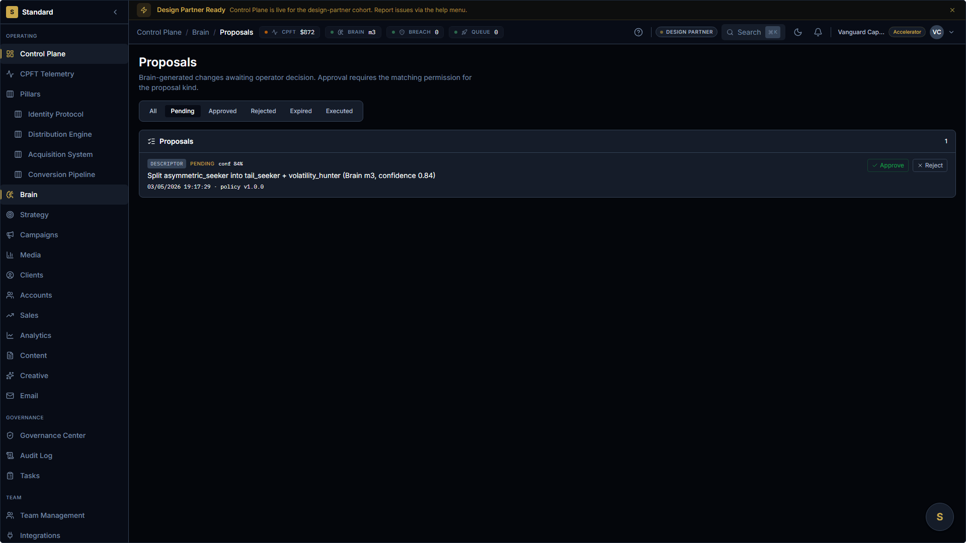 Brain Proposals page with one Pending change: split asymmetric_seeker into tail_seeker plus volatility_hunter at 84 percent confidence under Brain m3. Tabs for All, Pending, Approved, Rejected, Expired, Executed. Approve and Reject buttons inline — proves the operator gate.