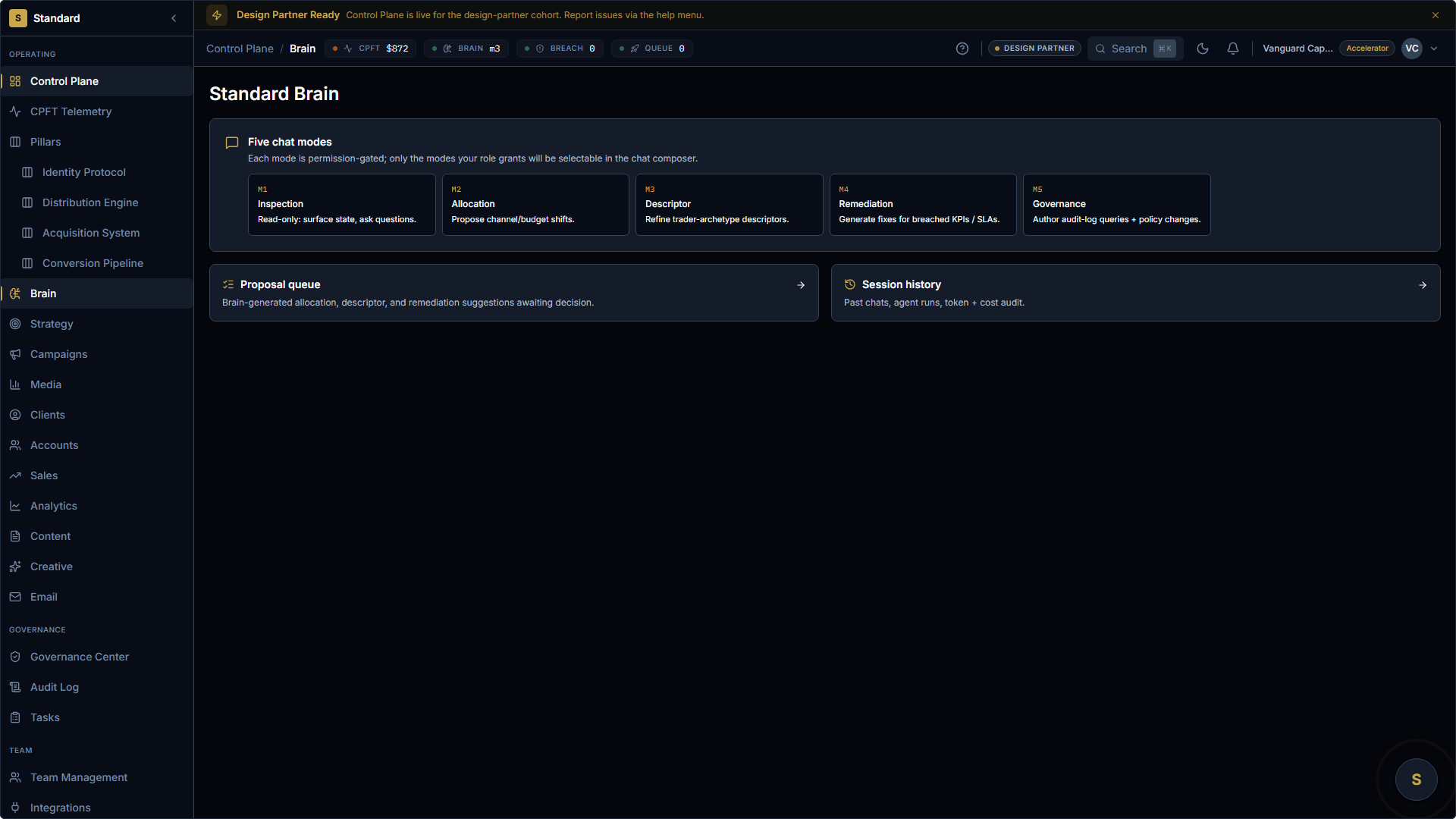 Standard Brain orchestrator surface. Five permission-gated chat modes — Inspection, Allocation, Descriptor, Remediation, Governance — each with one-line scope. Proposal queue and Session history cards below proving the operator-gated architecture.